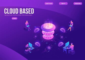 Quantum computer futuristic processor, chip with network, people work on laptop, isometric vector illustration, glowing purple design, innovation cloud computing technology