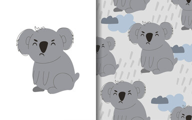 Upset koala. Set of vector backgrounds and illustrations. Children's illustrations in cartoon hand-drawn style for printing on clothes, interior design, packaging, printing.
