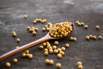 Soybean seeds on wooden spoon with black background. food and drink for health concept.