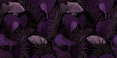 Tropical exotic seamless pattern with fish in tropical leaves. Hand-drawn 3D illustration. Good for production wallpapers, fabric printing, wrapping paper, cloth, notebook covers, goods.