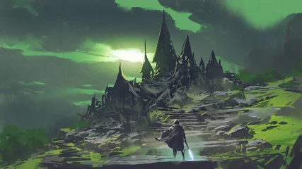 Foto op Plexiglas man die naar het mysterieuze verlaten kasteel kijkt met een groene lucht op de achtergrond, digitale kunststijl, illustratie, schilderkunst © grandfailure