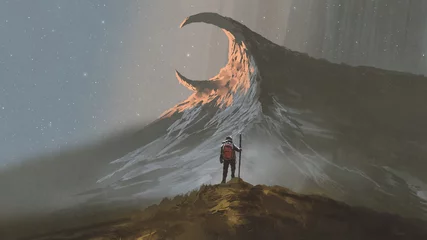Rolgordijnen man die op een heuvel staat en naar de vreemde berg kijkt, digitale kunststijl, illustratie, schilderkunst © grandfailure