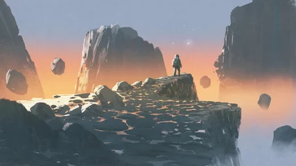 Foto op Plexiglas ruimtevaarder die op een klif in een rotsachtig land staat, digitale kunststijl, illustratie, schilderkunst © grandfailure