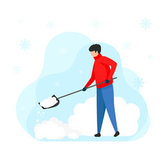 young man with a shovel cleans snow, vector. Cleaning the area from snow in a big snowfall. Flat illustration.