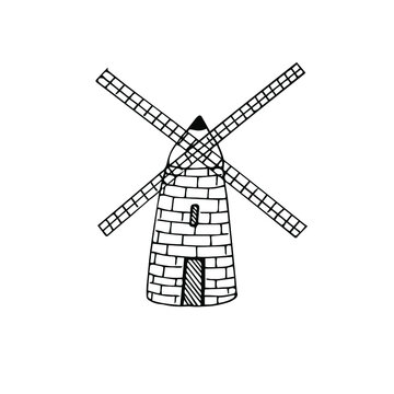 Windmill, vector doodle illustration, hand drawing