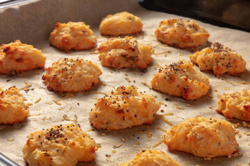 Gougeres, savoury choux pastry with cheese, spicy homemade French puffs