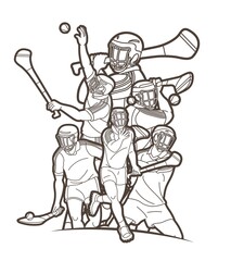 Group of Hurling sport players action. Irish Hurley sport cartoon graphic vector.