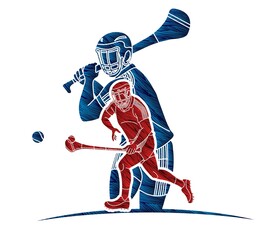 Group of Hurling sport players action. Irish Hurley sport cartoon graphic vector. - obrazy, fototapety, plakaty