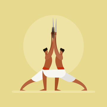 Illustration of People performing  South Indian martial art 'Kalaripayattu'