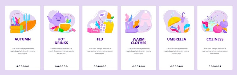 Autumn season, hot drinks, flu, warm clothes, umbrella, cozy home. Mobile app screens, vector website banner template.