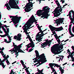 Music seamless pattern. Background with notes. Glitch style backdrop for music party. Musical texture.