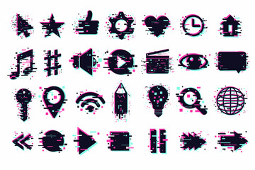 Web icons set. User interface symbols, glitch style. GUI elements isolated on white. Vector clipart collection for mobile app.