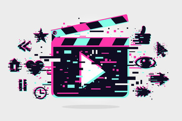 Cinema background. Vector banner with movie objects. Online video backdrop. Glitch style image with clapperboard. Color illustration.