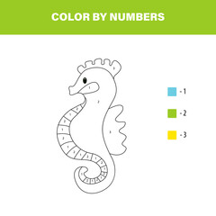 Color cute seahorse by number. Educational math game for children. Coloring page.