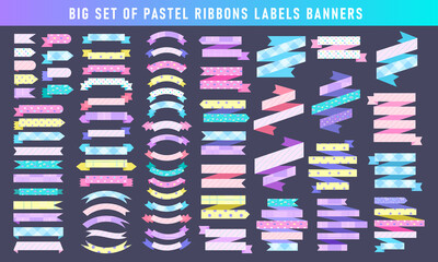 Different pastel colored ribbons labels banners collection. Big set of ribbon stickers elements. Vector illustration.