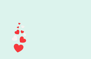 Background with red and white hearts with free space for text on pastel blue background. Valentines day concept. Mother's Day concept. Greetings. Copy space. Flat lay, top view.