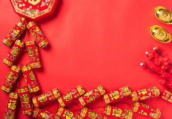 Chinese new year 2021 festival, Flat lay top view lunar new year or Happy Chinese new year celebration decorations with copy space on red background (Chinese character "fu" meaning fortune good luck)
