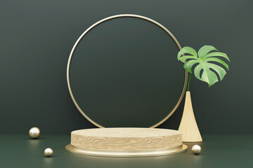 3d rendering of wood podium for product display with monstera leaves.