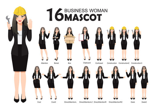 16 Business Woman Mascot in Black Suit, cartoon character style poses set vector illustration