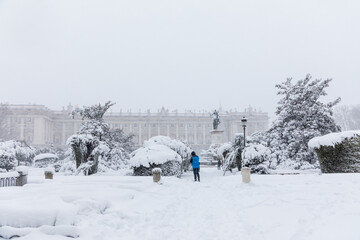 Square of East in madrid theater covered by snow from the storm philomena