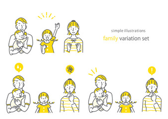 シンプルでおしゃれな4人家族の線画イラストセット　満足　不満　驚き