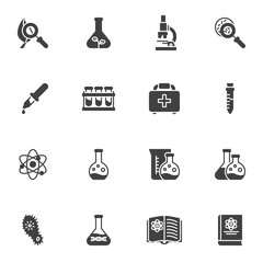 Scientific research vector icons set, science modern solid symbol collection, filled style pictogram pack. Signs logo illustration. Set includes icons - laboratory equipment, test tube, bacteria virus