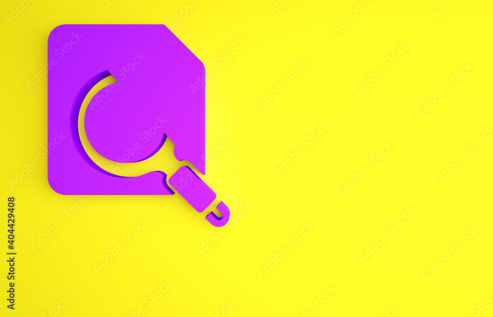 Poster purple search concept with folder icon isolated on yellow background. magnifying glass and document.