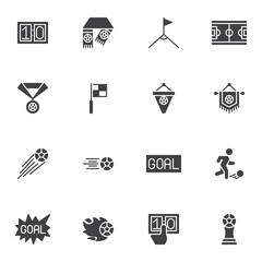 Soccer sport vector icons set, modern solid symbol collection, filled style pictogram pack. Signs, logo illustration. Set includes icons as soccer field, champion medal, football ball, goal, cup