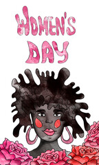 African woman on a background of roses and hand lettering 8 March.