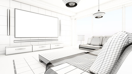 Fototapeta na wymiar Modern living room wireframe rendering. 3D illustration