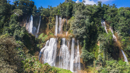 Aerial view of Thi Lo Su Waterfall in the morning It is one of the sixth most beautiful waterfalls in the world. The height of the waterfall is 300 meters and 500 meters wide.Nobody.
