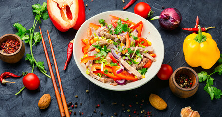 Asian salad with vegetables and meat