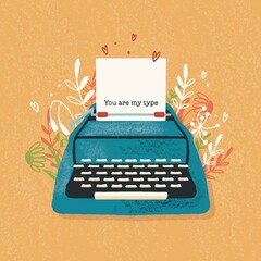 Typewriter and love note with hand lettering. Colorful hand drawn illustration for Happy Valentine’s day. Greeting card with flowers and decorative elements.