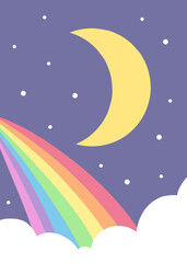 Cute moon rainbow colorful design illustration for kids. Vector rainbow hand drawn illustration. rainbow illustration poster kids.