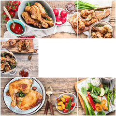 Grilled chicken legs and wings collage