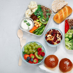 Takeaway  lunch boxes with homemade nutrition food. Organic vegan meals.