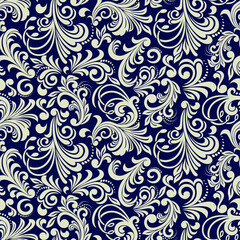 Seamless blue background with beige pattern in baroque style. Vector retro illustration. Ideal for printing on fabric or paper for wallpapers, textile, wrapping.