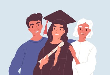 Happy graduated female student in graduation cap and robe standing together with mom and dad. Parents proud of their daughter's academic degree and achievements. Flat vector illustration