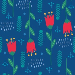 Bright stylized flowers on a blue background, seamless botanical pattern, branches and leaves, ideal for printing on fabric, paper or interior decor