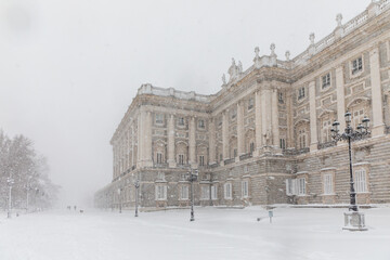 Royal Palace in madrid theater covered by snow from the storm philomena