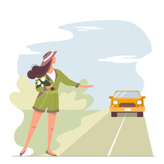 Pretty cartoon girl in the hat trying to stop a passing car. A stylish girl with on the road. Abstract landscape with a person and car. Ladylike with a bouquet of flowers. Summer adventure and travel.