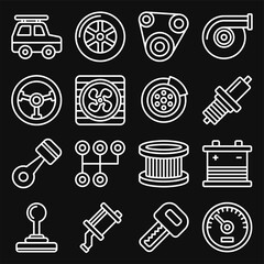 Automotive Car Service Icons Set on Black Background. Line Style Vector