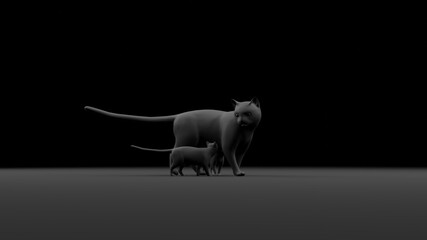 Black Cat Walking with Her Child in the Spotlight. 3D Illustration with Dark Background and Copy Space