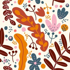 Bright stylized flowers, herbs and plants, seamless botanical pattern