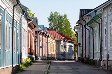 View of a quiet street in wooden old town of Rauma, Finland, Europe