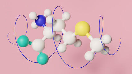 Methionine (L-methionine, Met, M) amino acid molecule. 3D rendering.
