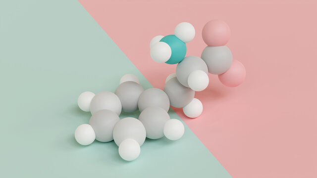 Phenylalanine (l-phenylalanine, Phe, F) amino acid molecule. 3D rendering. Atoms are represented as spheres with conventional color coding: hydrogen (white), carbon (grey).