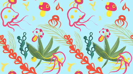 a fun seamless pattern in a cartoon naive style drawn with gouache for children is textiles and surface design with jellyfish and fly agarics that turn into each other