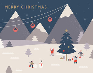 winter nature landscape. simple background illustration. People are having fun around the Christmas tree.