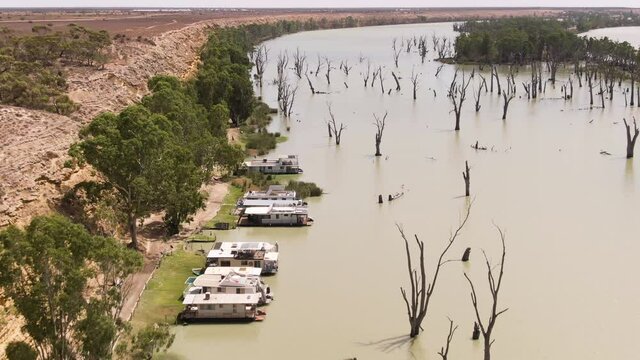 Aerial Of Cliffs And Boathouses In Murray Darling Basin River. South Australia